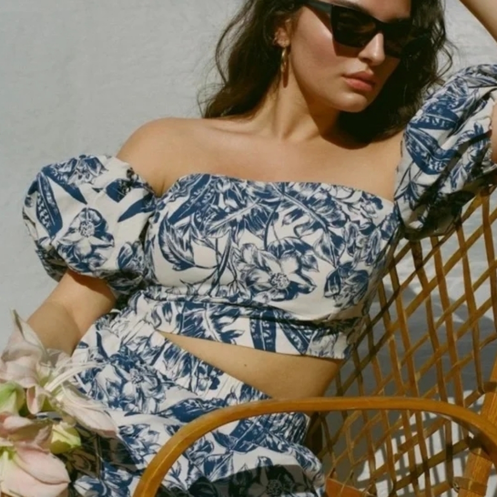 Abercrombie & Fitch Blue Floral‎ Puff Sleeve Cottagecore Crop Top